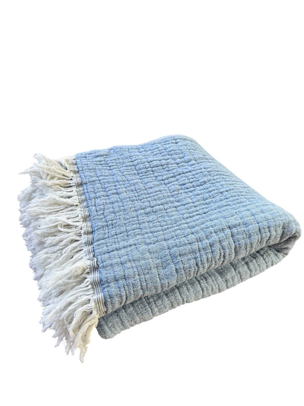 Wendy Bellissimo Home Reversible Oversized Throw Blanket Blue Gray Cotton Fringe